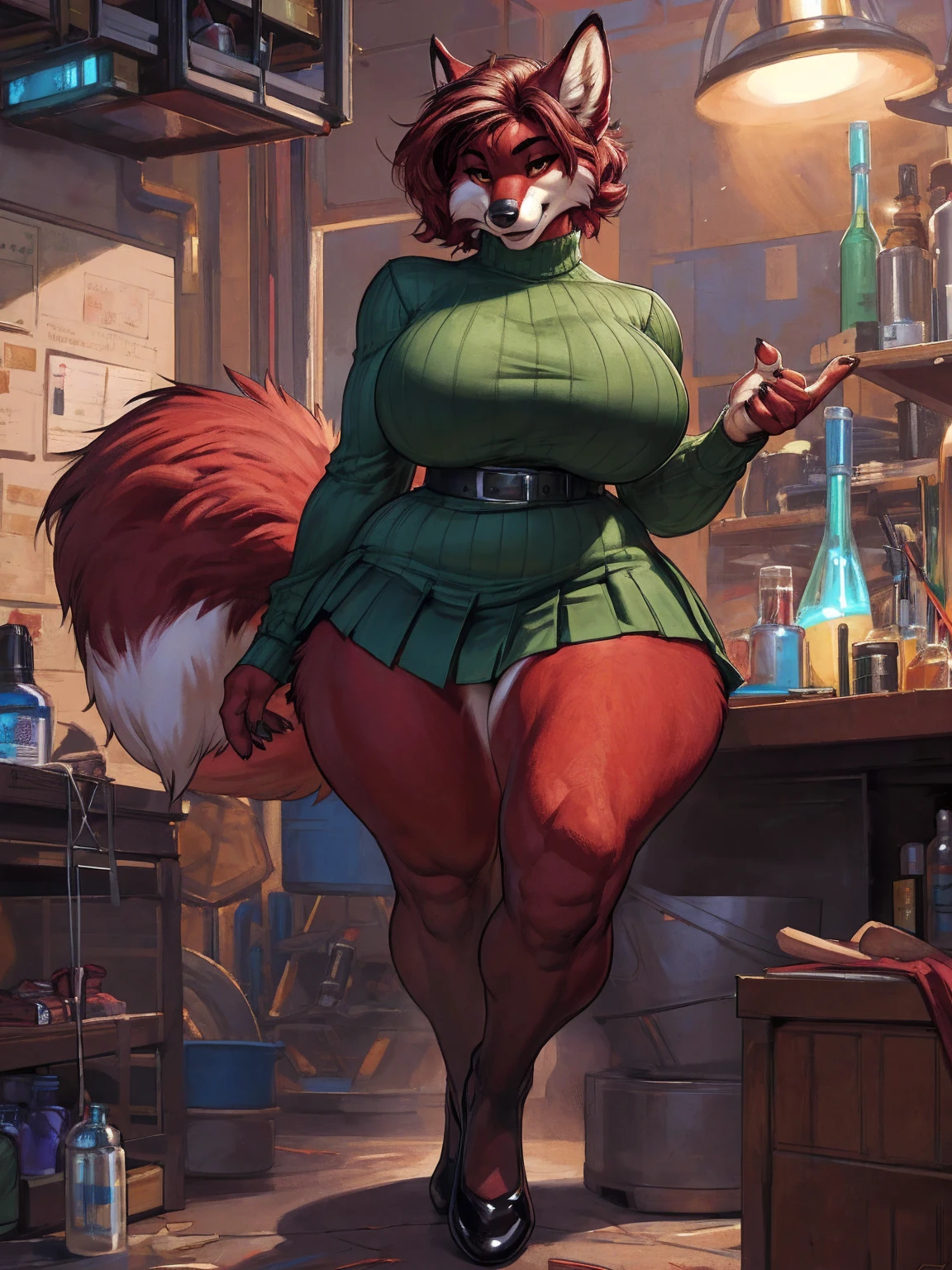 mature female, furry fox, vixen, (dark red fur:1.6), gray pleated skirt, green turtleneck sweater, black heels, large breasts, (nipple outline:0.85), thick thighs, huge ass, hyper hips, narrow waist, hourglass figure, (no hair:1.6), golden eyes, laboratory, casual pose, masterpiece, highres, 4k, by darkgem, by meesh, by boosterpang,