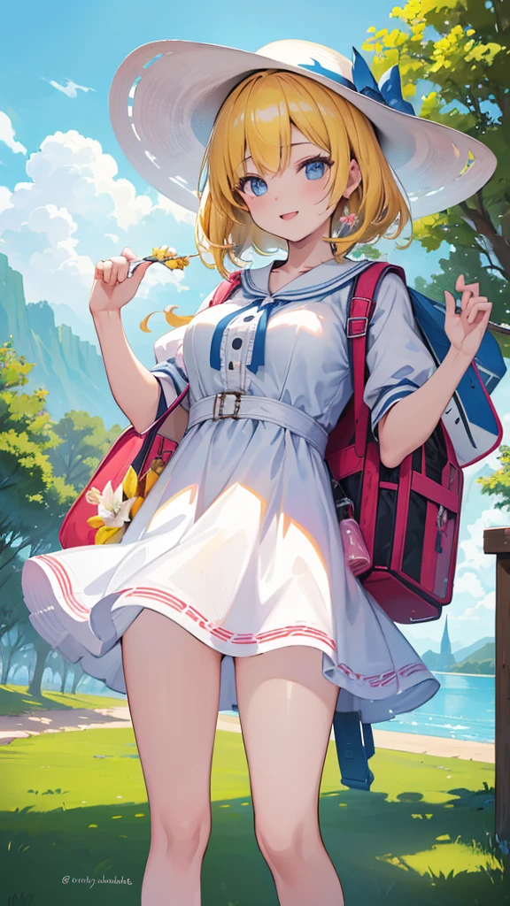 Masterpiece, Best Quality, high resolution, extremely detailed, detailed background, cinematic lighting, 1 girl, looking at the viewer, park, white micro dress, sun hat, SMILE, Wearing Mochila Randos, (mochila randoseru:1.0), standing