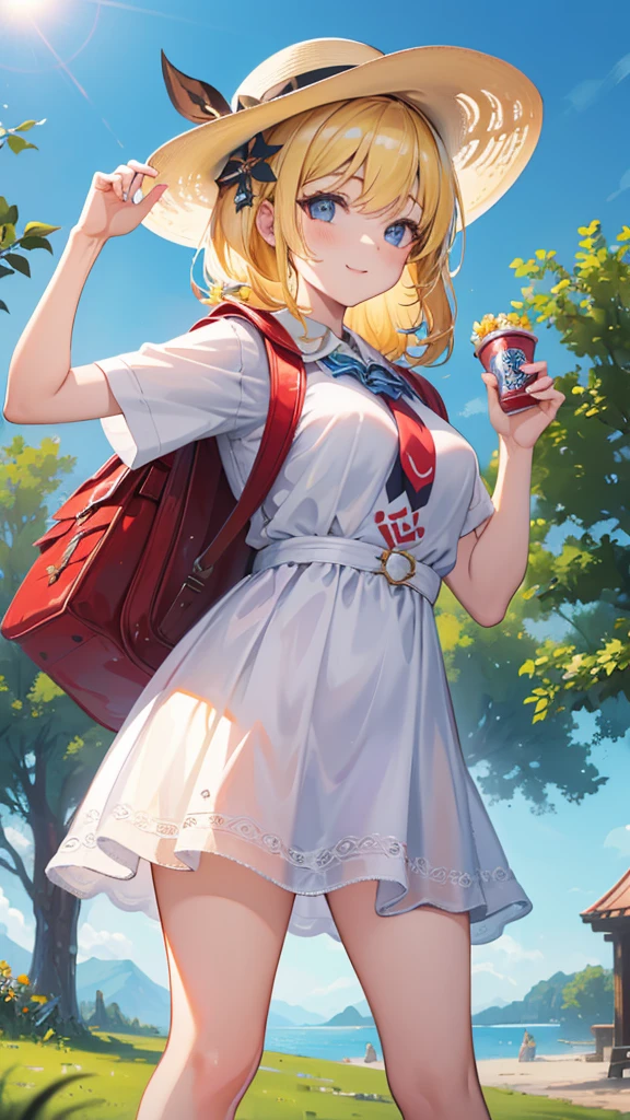 Masterpiece, Best Quality, high resolution, extremely detailed, detailed background, cinematic lighting, 1 girl, looking at the viewer, park, white micro dress, sun hat, SMILE, Wearing Mochila Randos, (mochila randoseru:1.0), standing