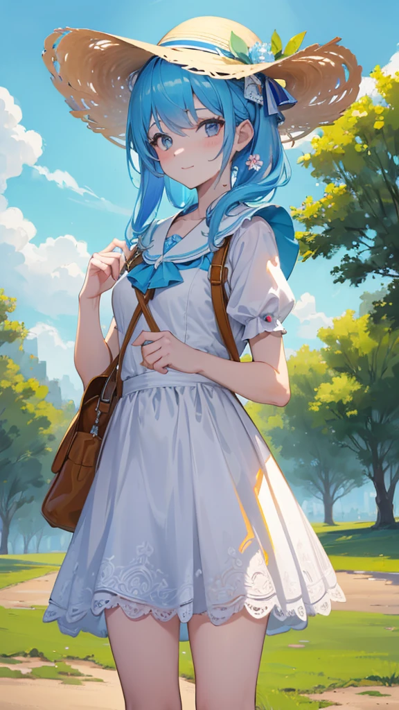Masterpiece, Best Quality, high resolution, extremely detailed, detailed background, cinematic lighting, 1 girl, looking at the viewer, park, white micro dress, sun hat, SMILE, Wearing Mochila Randos, (mochila randoseru:1.0), standing