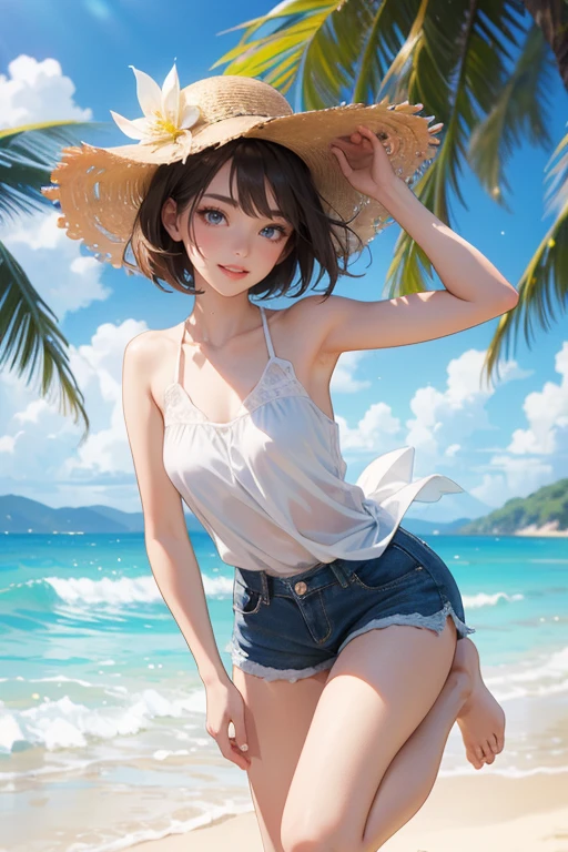 (Highest quality、masterpiece、High resolution、8K)、Vibrant colors、1 Female、Young and beautiful woman、whole body、(Detailed face、Beautiful Eyes、Beautiful nose、Pretty lips)、Black and brown short bob、White tank top and shorts、barefoot、Jump High、Surprised Smile、Official Art、The background is the sea、blue sky、Wide sandy beach、Wide forest、White waves and sandy beach、White Entrance Cloud、