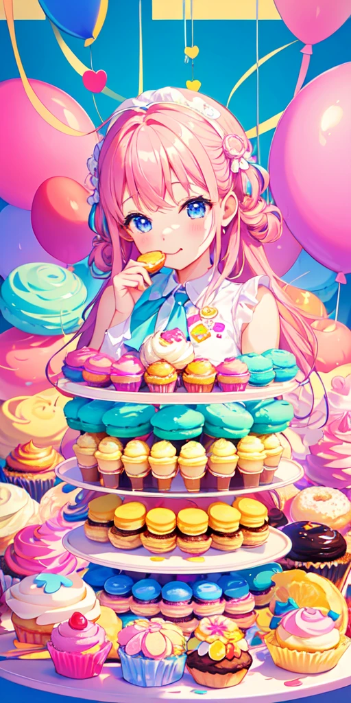 high resolution、A cute girl、Macaroons and cupcakes、Eating a lot of sweets such as donuts。Anyway, it has a pop, colorful and cute atmosphere.!