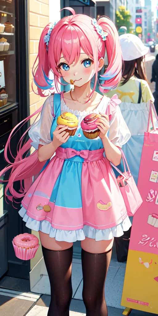 high resolution、A cute girl、Macaroons and cupcakes、Eating a lot of sweets such as donuts。Anyway, it has a pop, colorful and cute atmosphere.！