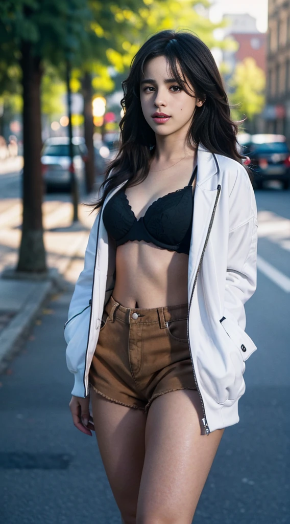 25 years old, curvy body, gorgeous cute Brazilian girl, smirk, freckles, (brown skin:1.6), (medium white & black long hair:1.4), (Camila Cabello:1.4), arafed woman with tattoos and a jacket standing on a sidewalk, she is wearing streetwear, jacket over bare torso, in shorts, wearing red jacket, an aviator jacket and jorts, red jacket, bra and shorts streetwear, wearing jacket and skirt, wearing red shorts, multilayered outfit, hot-pants, wearing jacket, close up half body shot, with a sunset, sexy look, famous beautiful model, good young girl, (masterpiece:1.0),(best_quality:1.0), ultra high res,4K,ultra-detailed, photography, 8K, HDR, highres, absurdres:1.2, Kodak portra 400, blurry background, bokeh, lens flare, (vibrant_color:1.2),professional photograph, (beautiful_face:1.5),(narrow_waist). --v 6