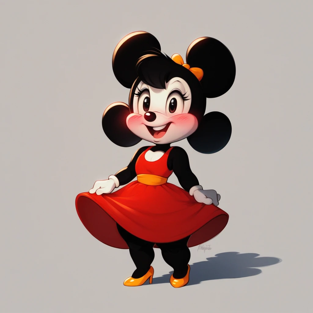 Furry, Minnie Mouse, shortstack, short stature, slightly blushed, disney cartoon artstyle, yellow heels, white spotted, red dress, black body, black body