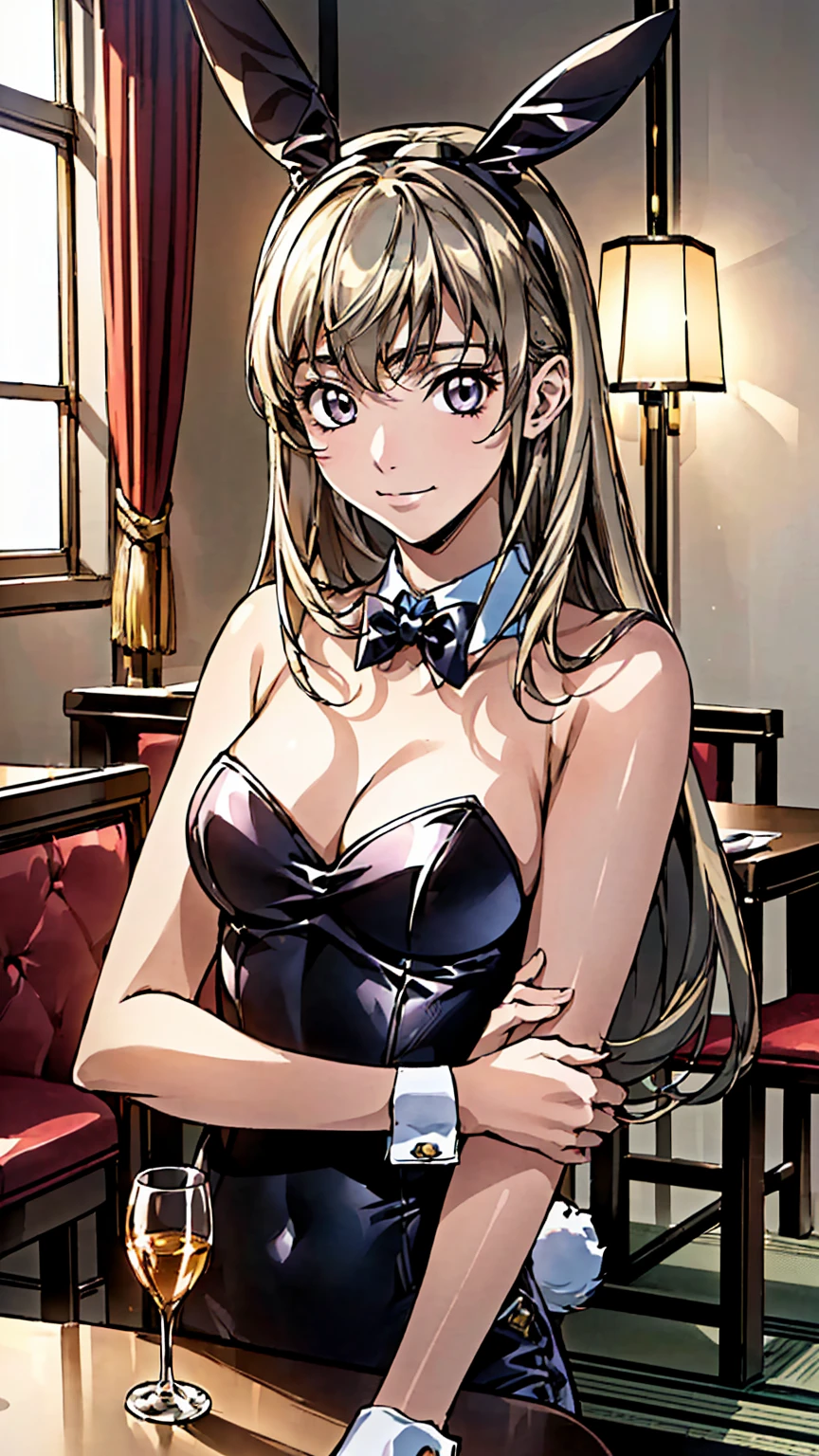 ((masterpiece、Highest quality、High resolution、Tabletop、wallpaper、Realistic、Bright lighting、Professional Lighting、Face Light、Smooth lighting、Japanese women、Adult、Beautiful woman、Highest quality、masterpiece:1.3)), Upper Body、Long legs, Beautiful woman with perfect figure:1.4、(smile:1.2), double eyelid、22-year-old female、Sexy pose、((((Shut your mouth.、One Woman、Bunny girl))))