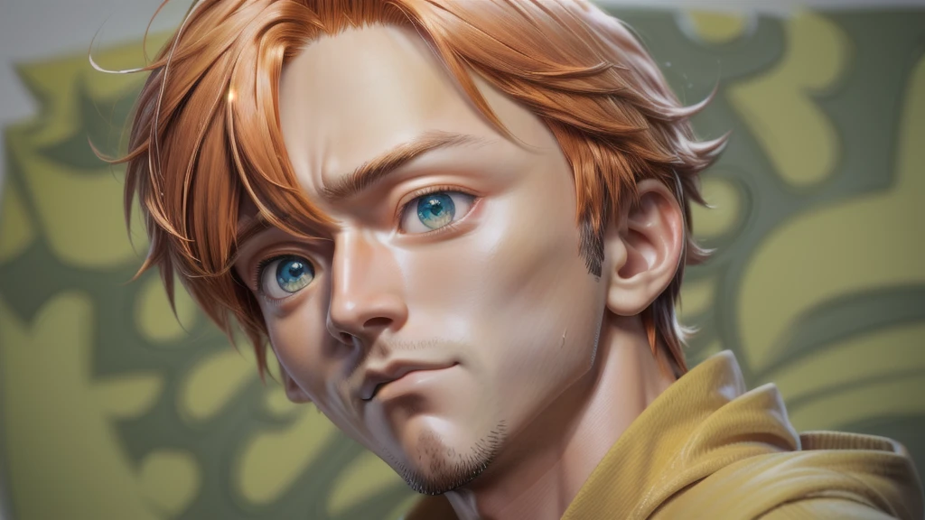 a close-up of a young man in a yellow jacket, in the anime film, orange hair anime boy, as anime character, toru furuya, boy with neutral face, manga style of kentaro miura, in an anime, kentaro miura manga style, toru narita, Shinkai Makoto, kentaro, bright, detailed eyes, more detailed hair, mouth with less filling, A more muscular and full neck, consistent with the size of the head, with only two eyebrows, one above each eye, Ultra detailed 8k image