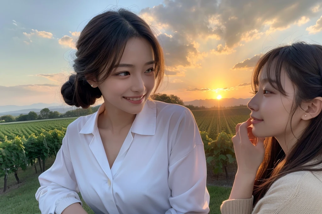 (masterpiece:1.3), (8K, Realistic, RAW Photos, Best image quality: 1.4), (Random Hairstyles:1.2)、Highly detailed face、Attention to detail、double eyelid、Sharp focus:1.2、Beautiful woman:1.4、Light brown hair、Highest quality、masterpiece、Ultra-high resolution、(Realistic:1.4)、非常に詳細でプロフェッショナルに照らされたsmile、((Highest quality、、masterpiece:1.3))、1 male 1 female、 years old 39 years old、Slim Beauty、Beautiful couple、Upper Body、smile、 (Slim face), (the body is スリム), (Brown Hair), (Shortcuts), テーブルのフルコースディナーとwine glass、Amazing view of the sunset sky and clouds、smileの美しさ、Wine bottle、sparkling wine、Long sleeve shirt、dress、White wine, red wine, wine glass, Beautiful fine grain, Depth f/2,saturation, High Contrast, Strong light and shadow,Moist Body:1.5、