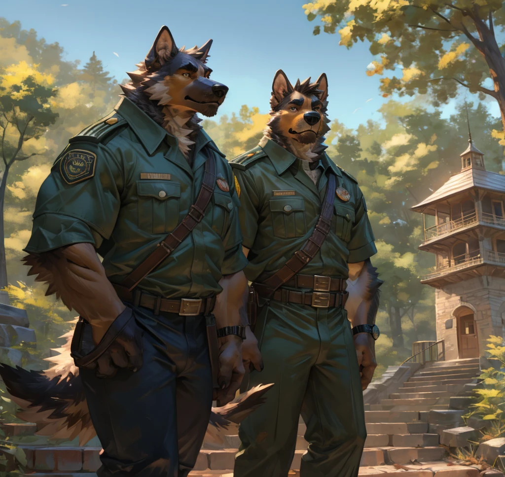 By Taran Fiddler, one man, anthro canine (irish wolfhound), hound dog breed, brown fur, dilf, wrinkly face, bushy eyebrows, wearing park ranger uniform, stern facial expression, looking away from viewer, walking up a set of stairs, walking up watch tower staircase, forest background, national park in the background, watch tower in the background