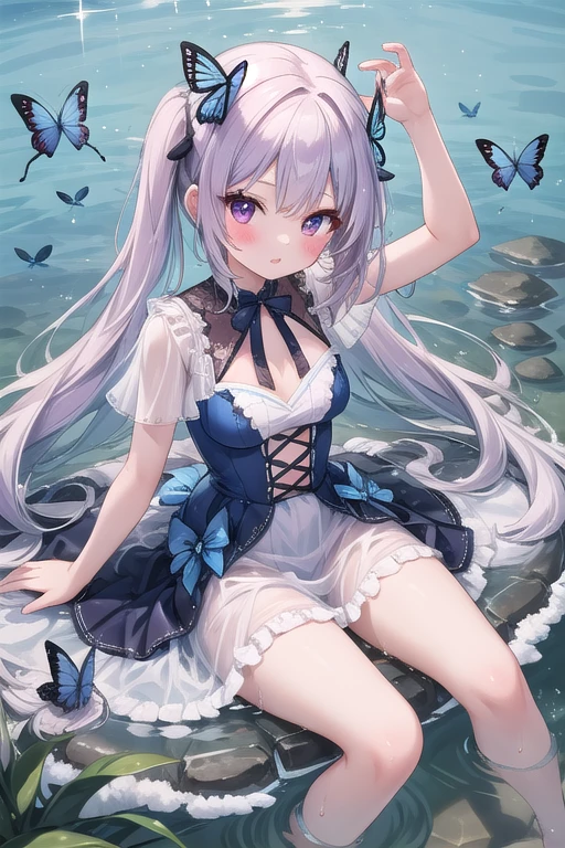 1 girl, transparent water, blue butterfly, sheer white chiffon skirt, sparkling