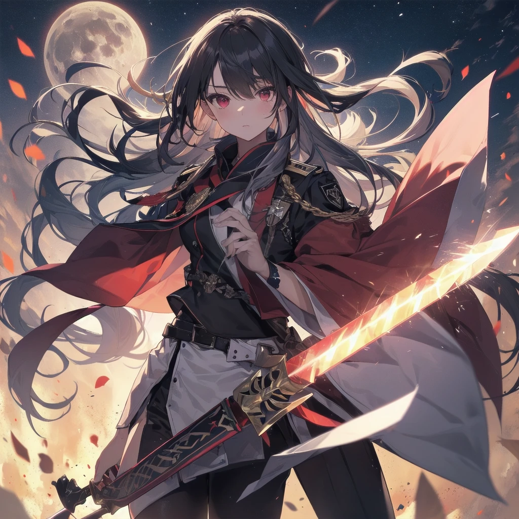 ((blackい髪 Long Hair black military commander One person Lonely Red Flag Eye patch)) ((night Japanese style old Shining Aura)) (dance Burning Blade Shining Japan sword Hold the sword with your right hand Hold the sheath in your left hand Pull it out as it is) moon star Draw your sword Slashing Catch the wind printing A tense face ability kimono Red shiny edges Reflection of the sword water surface autumn Maple Red butterfly,(masterpiece,Highest quality)