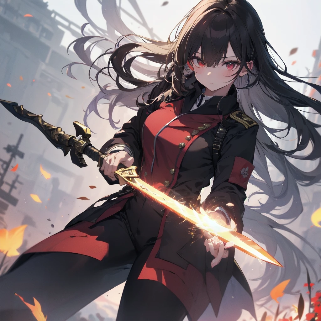 ((blackい髪 Long Hair black military commander One person Lonely Red Flag Eye patch)) ((night Japanese style old Shining Aura)) (dance Burning Blade Shining Japan sword Hold the sword with your right hand Hold the sheath in your left hand Pull it out as it is) moon star Draw your sword Slashing Catch the wind printing A tense face ability kimono Red shiny edges Reflection of the sword water surface autumn Maple Red butterfly,(masterpiece,Highest quality)