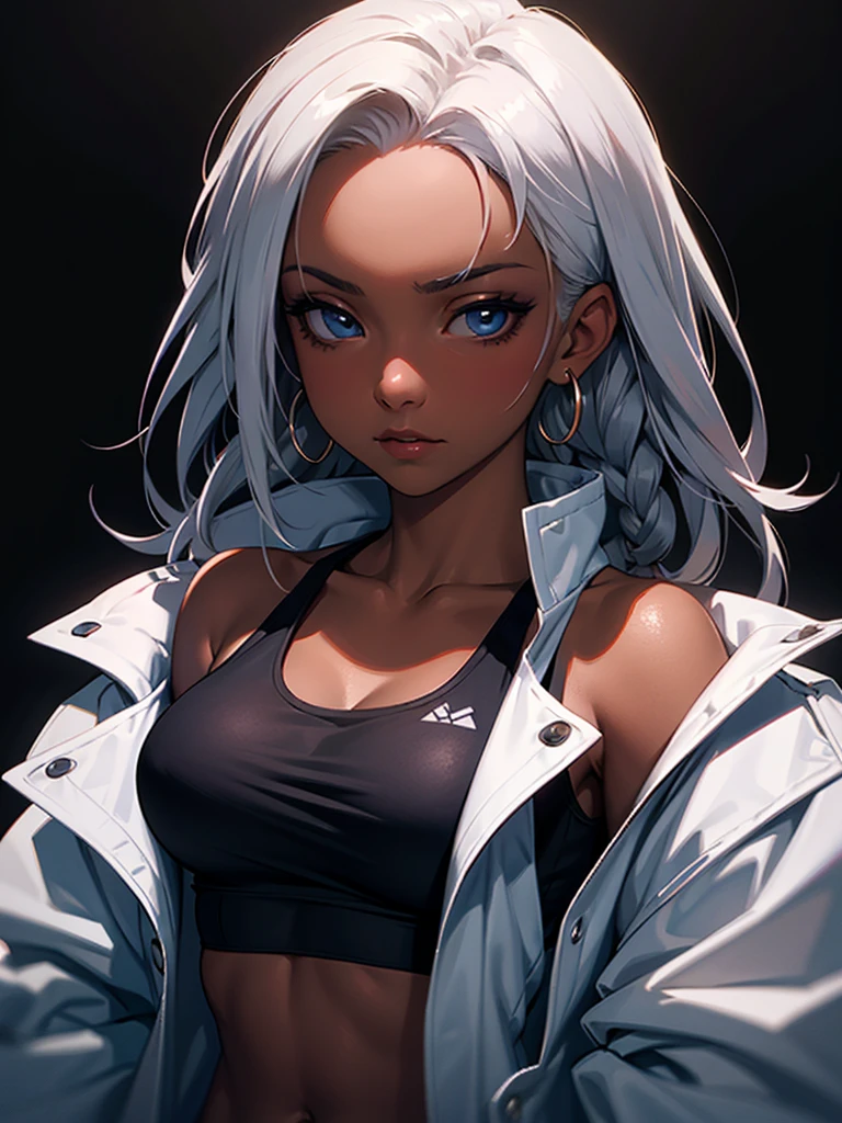 ((Portrait Photo)), She has an Athletic and Slender Appearance, with a Strong Build, Dark Skin and Relaxed Aura. She Expresses a Calm and Indifferent Look, Giving Off a Composed and Unfazed Attitude. She has Deep Blue Eyes, and Her Hair is Long and Black, with Dreadlocks Falling Over Her Forehead. She Wears an Open White Jacket, with a Sports Tank Top, Revealing Her Midriff. ((Portrait Photo, HDR, Dark Background))