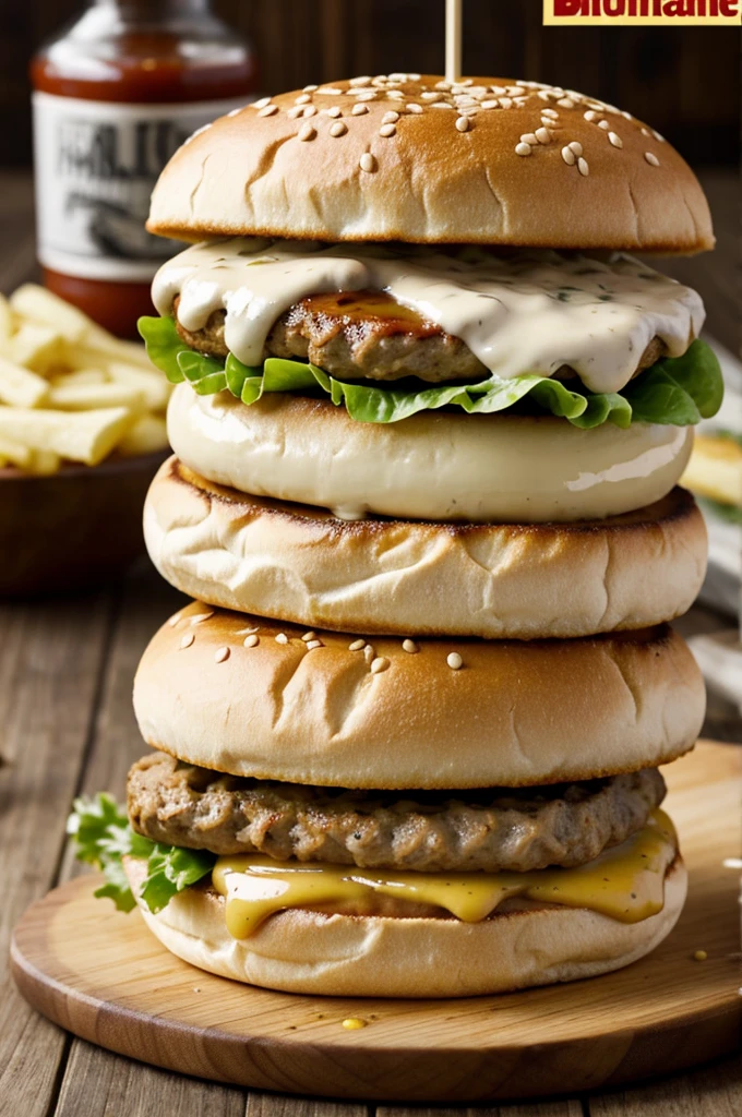 Un hamburger qui dégouline de sauce blanche