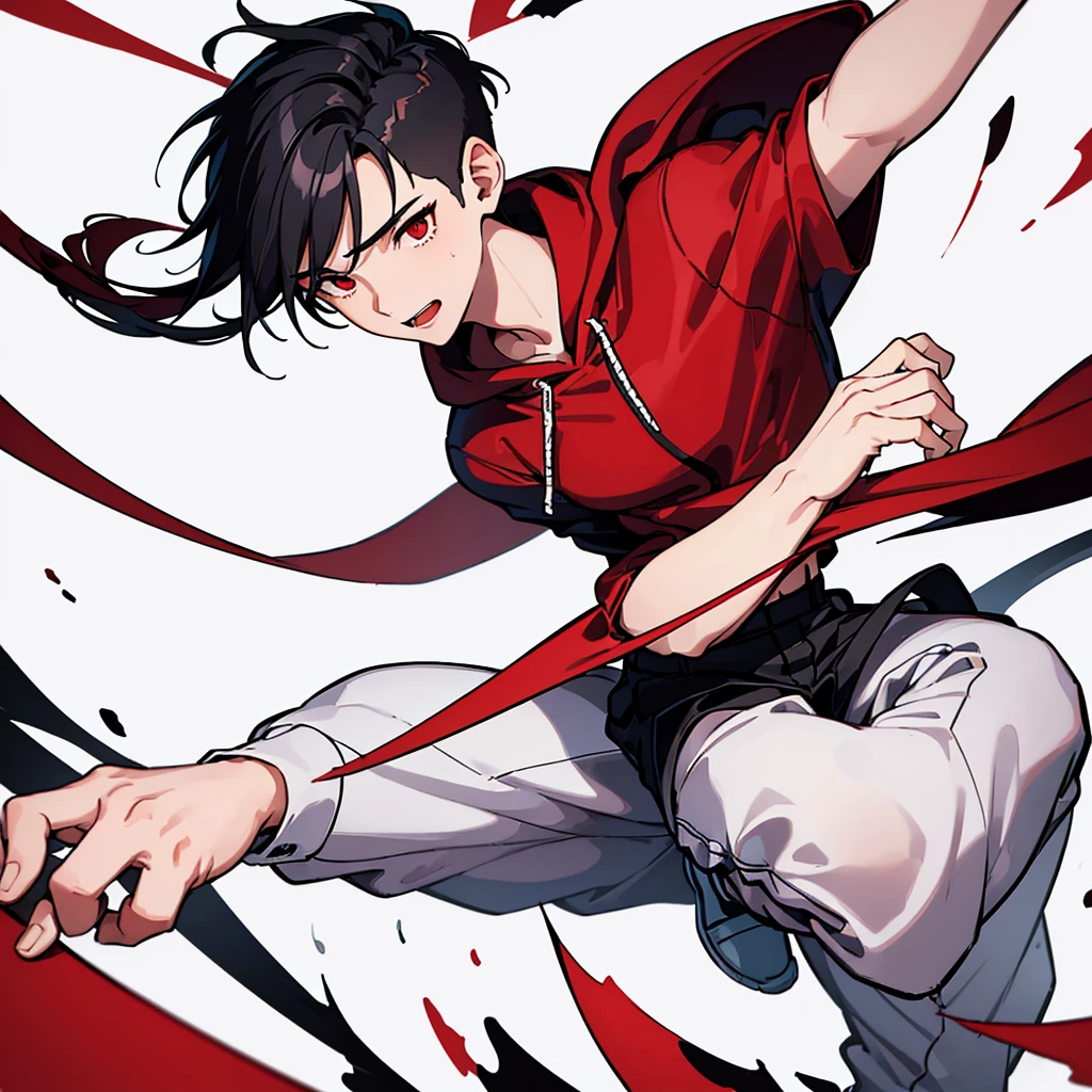 ((masterpiece, Highest quality)), (1 boy, alone: 1.4), Black Hair, Fade Undercut,Red hoodie, 上Half Body, Half Body, Dynamic pose, Happy, White Background, figure,