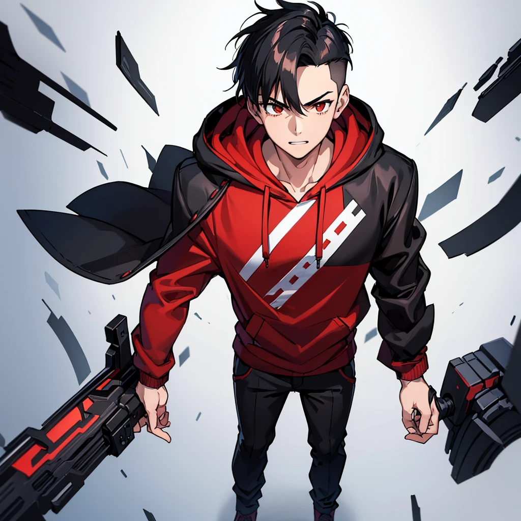 ((masterpiece, Highest quality)), (1 boy, alone: 1.4), Black Hair, Fade Undercut,Red hoodie, 上Half Body, Half Body, Dynamic pose, Happy, White Background, figure,