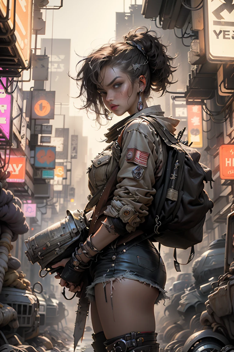plano general, whole body, sharpness,((Best Quality)), ((Masterpiece)), (hyper detailed:1.3),8k, 3D,HD, beautiful (cyberpunk:1.3) Woman with wavy and voluminous hair in modern style.,((with weapons in hands)),vivid colors, violet, orange yellow, Brown, cian, violet, (( (futuristic mad max movie style backdrop)))