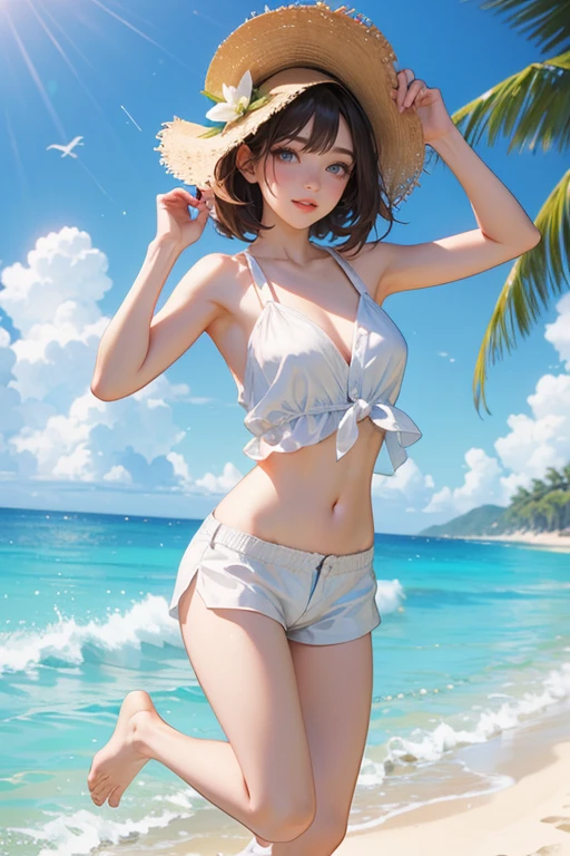 (Highest quality、masterpiece、High resolution、8K)、Vibrant colors、Young and beautiful woman 1、whole body、(Detailed face、Beautiful Eyes、Beautiful nose、Pretty lips)、Black and brown short bob、White tank top and shorts、barefoot、Jump High、Surprised Smile、Official Art、The background is the sea、blue sky、Wide sandy beach、Wide forest、White waves and sandy beach、White Entrance Cloud、