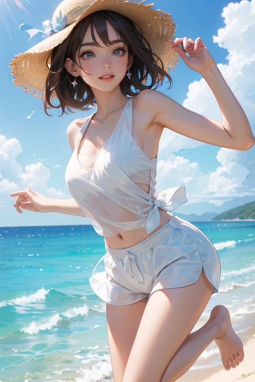 (Highest quality、masterpiece、High resolution、8K)、Vibrant colors、Young and beautiful woman 1、whole body、(Detailed face、Beautiful Eyes、Beautiful nose、Pretty lips)、Black and brown short bob、White tank top and shorts、barefoot、Jump High、Surprised Smile、Official Art、The background is the sea、blue sky、Wide sandy beach、Wide forest、White waves and sandy beach、White Entrance Cloud、