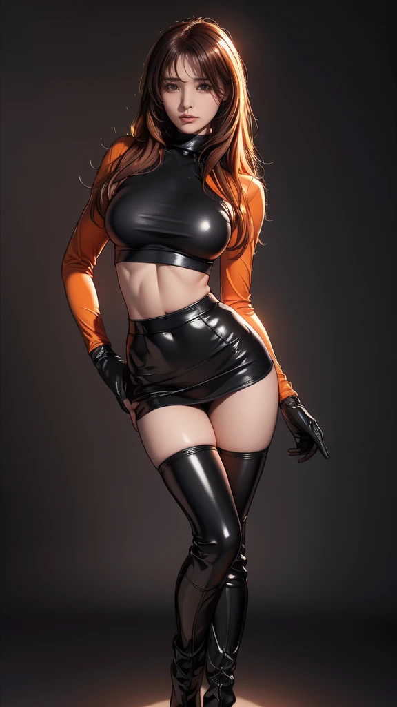 (best quality,4k,8k,highres,masterpiece:1.2),ultra-detailed),HDR,UHD,1girl, full body of beautiful jessie, (black turtleneck top), looking at viewer, volumetric lighting, best quality, masterpiece, realistic , (gigantic breasts), 1girl, face portrait of cassidy evil smile, team rocket,volumetric lighting, best quality, masterpiece, retro artstyle, ((cassidy)), (gigantic breasts), (orange hair), ((team rocket uniform)), short black skirt,midriff, ((long black boots)), pantyhose, navel, long hair, ((black opera gloves)), cowboy shot