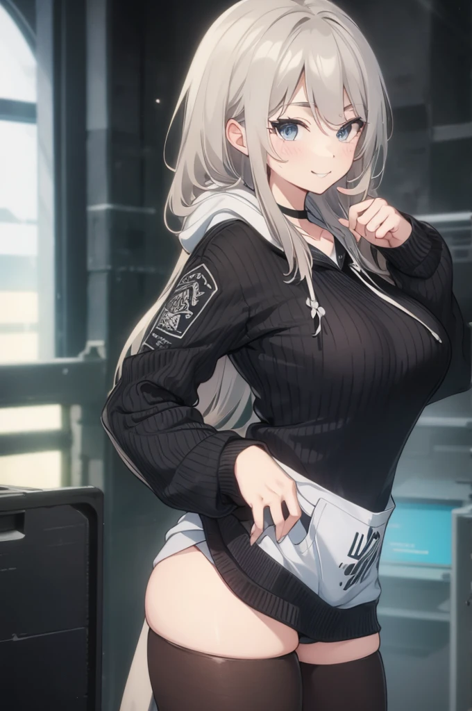 Concept Art, White hair, Silver gradient hair , Composite cloth, Virtual YouTuber, best quality, masterpiece, Dynamic Angle, girl,Miss,woman, young,20 years old, , Hair Flip, Silver Hair, Flowing hair, Ahog, giggle, Beautiful and delicate golden eyes, teeth, Large Breasts, Blonde eyes, White skin, hoodie, Black_shorts, Gray clothes, transparent_Back ground, Backlighting, absurd, high resolution, Extremely detailed,sweater,Smile