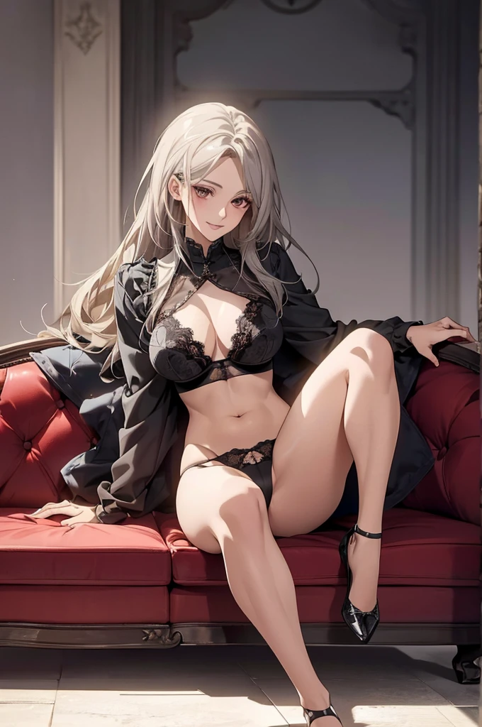 (Highest quality, High resolution, Very detailed), 1 female, Silver Hair, Long Hair, Reddish brown eyes, lace thong bra, Large Breasts, Beautiful slim legs, secretary, 24th generation, Beautiful woman, mature, quiet, Calm, A small smile, sofa,