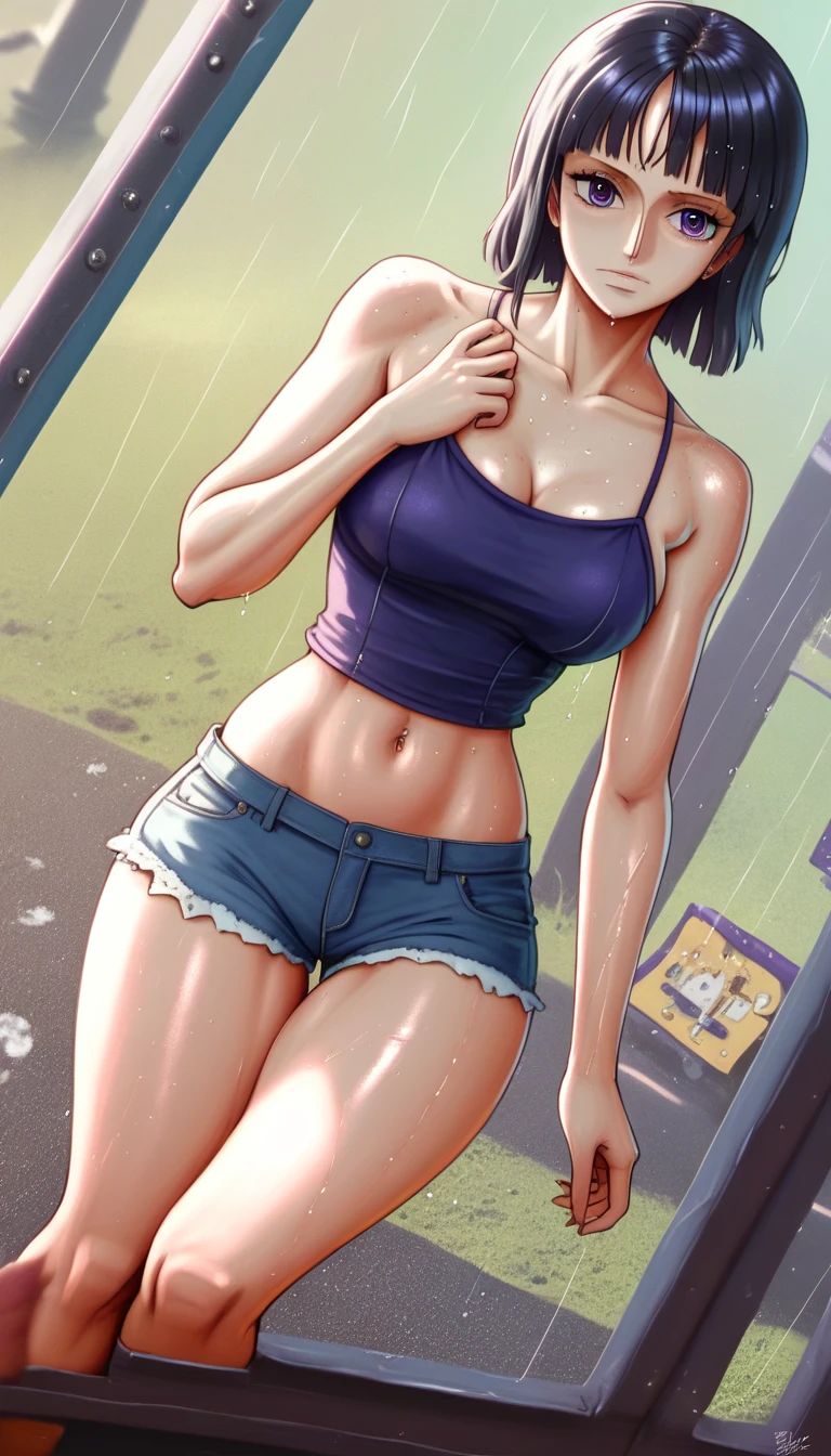 (masterpiece, best quality:1.2), Nico Robin, lowcut crop-top, purple eyes, 1girl, short shorts, thick thighs, barefoot, dirt road, countryside, masterpiece, best quality, absurdres, highres, 4k, ray tracing, perfect face, perfect eyes, intricate details, highly detailed, (best quality:1.33), (masterpiece:1.42),(semi realistic:1.3), (detailed:1.15),(skin details), Dappled Light, analog style (look at viewer), (skin texture), (realistic texture skin), cinematic light, side lighting, ultra high res, best shadow, RAW, (Dutch angle:1.1), lightroom, cinematic, hdr, raw, (intricate:1.4), high quality, soothing tones, intricate details, extremely high quality RAW photograph, detailed background, intricate, Exquisite details and textures, highly detailed, ultra detailed photograph, warm lighting, 4k, sharp focus, high resolution, detailed skin, detailed eyes, 8k uhd, dslr, high quality, film grain, Fujifilm XT3, 
 Rainy Day: The diffused light and wet surfaces on a rainy day can create a moody and atmospheric environment, perfect for capturing reflections and street photography.,