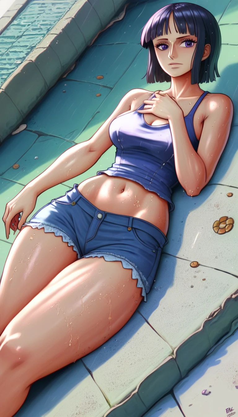 (masterpiece, best quality:1.2), Nico Robin, lowcut crop-top, purple eyes, 1girl, short shorts, thick thighs, barefoot, dirt road, countryside, masterpiece, best quality, absurdres, highres, 4k, ray tracing, perfect face, perfect eyes, intricate details, highly detailed, (best quality:1.33), (masterpiece:1.42),(semi realistic:1.3), (detailed:1.15),(skin details), Dappled Light, analog style (look at viewer), (skin texture), (realistic texture skin), cinematic light, side lighting, ultra high res, best shadow, RAW, (Dutch angle:1.1), lightroom, cinematic, hdr, raw, (intricate:1.4), high quality, soothing tones, intricate details, extremely high quality RAW photograph, detailed background, intricate, Exquisite details and textures, highly detailed, ultra detailed photograph, warm lighting, 4k, sharp focus, high resolution, detailed skin, detailed eyes, 8k uhd, dslr, high quality, film grain, Fujifilm XT3, 
 Rainy Day: The diffused light and wet surfaces on a rainy day can create a moody and atmospheric environment, perfect for capturing reflections and street photography.,