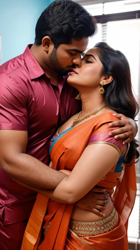a  20-year-old shirtless man  affectionately hugging and kissing aradiant, full-figured South Indian plus-sized 30 year old teacher wearing a blue silky saree in  dressing room, captured in a full-body image with vibrant hues and meticulous details. Full body image