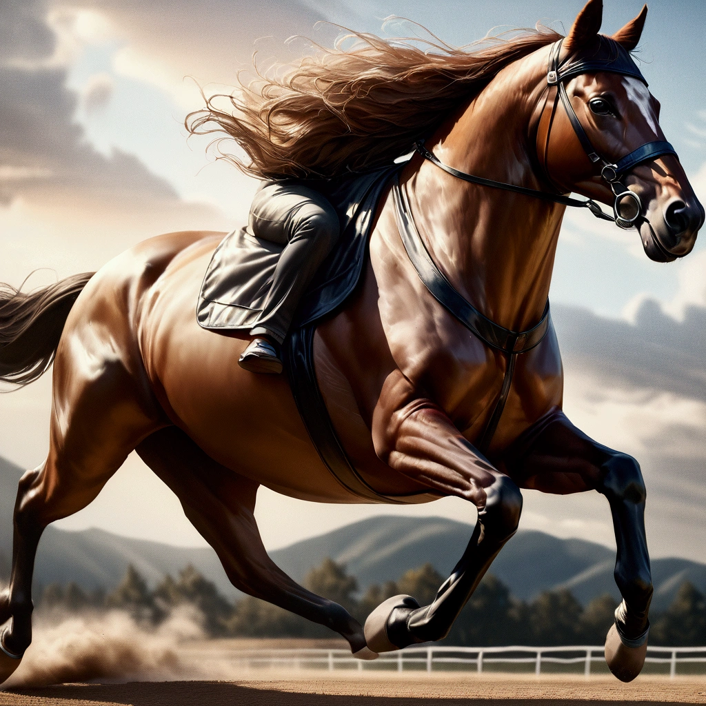 A majestic horse galloping freely on a race course, its powerful muscles rippling beneath a coat of silky hair, (best quality,4k,8k,highres,masterpiece:1.2),ultra-detailed,(realistic,photorealistic,photo-realistic:1.37),dramatic lighting,cinematic composition,highly detailed equine anatomy,dynamic motion blur,stunning realism,beautiful natural landscape,race course,cloudy sky,depth of field