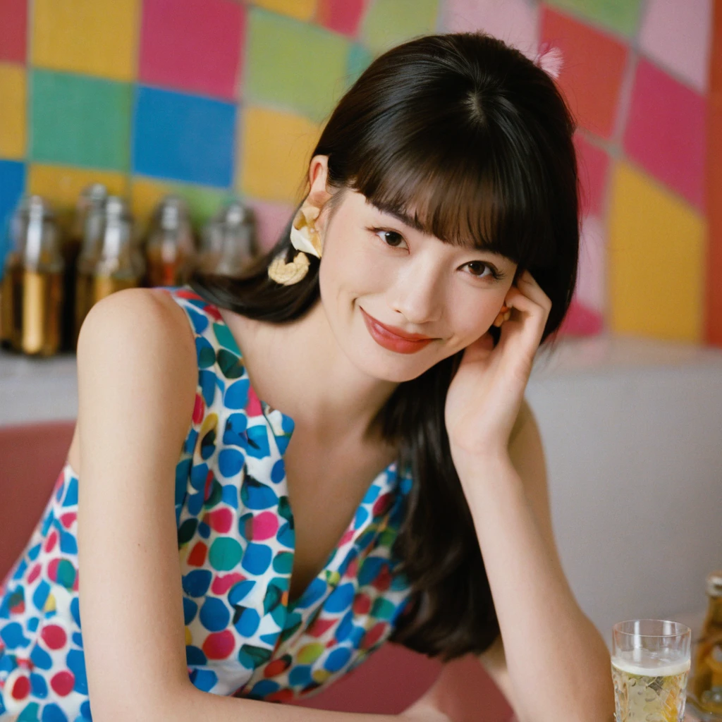 portrait of a retro giggling 60s beautiful face Korean girls, still from the film, ((solo)), (Anne Hathaway look alike face: 0.9), with sixties high hairstyle drinking a cosmopolitan, polkadot dress, in a sixties colorful bar, sixties wallpaper, giggling, vivid colors, Leica SL3, Summicron-SL 75 f/2 ASPH, kodak gold 200 film, bare shoulder, dynamic action pose,