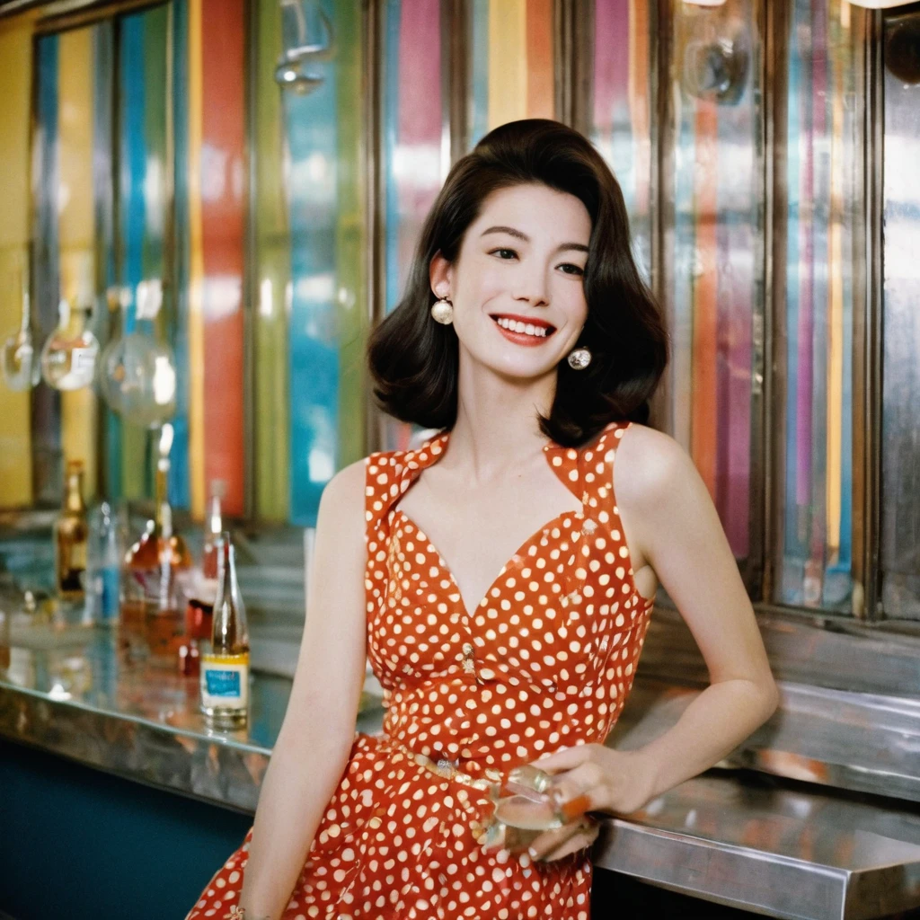 portrait of a retro giggling 60s beautiful face Korean girls, still from the film, ((solo)), (Anne Hathaway look alike face: 0.9), with sixties high hairstyle drinking a cosmopolitan, polkadot dress, in a sixties colorful bar, sixties wallpaper, giggling, vivid colors, Leica SL3, Summicron-SL 75 f/2 ASPH, kodak gold 200 film, bare shoulder, dynamic action pose,