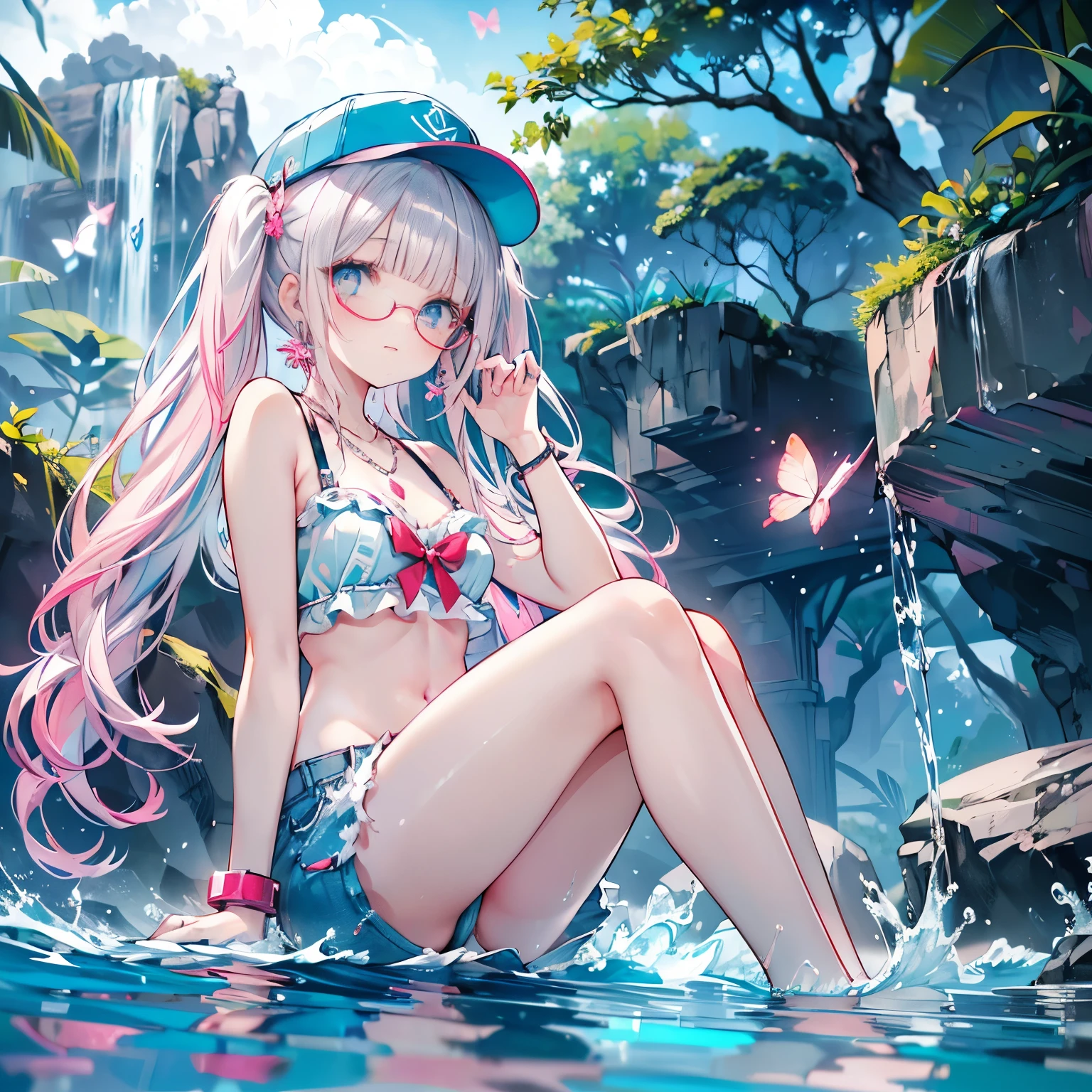 low angle,from below,(water splash,lovely laugh),((elegant blue denim baseball cap)),
(wearing elegant pink round frame glasses,circle frame),((white frilled sexy elegant cute bra,
sexy denim hot pants)),(beautiful pink and green butterflies and fish all over the place),colorful fish,flowers,fantasy beams and lights,
((masterpiece:1.4, best quality)), ((masterpiece, best quality)),((beautiful twin tail silver pink hair,blunt bangs,beautiful cobalt blue eyes,little cute girl)),full body, flat sitting in the water,(beautiful emerald green beach,waves),(water splash,lovely laugh), (pink Lace chalker, red wristband, diamond necklace,earrings),cinematic lighting and pause,beautiful natural mysterious beach,night sky,full moon,(beautiful pink and red butterflies and fish all over the place),