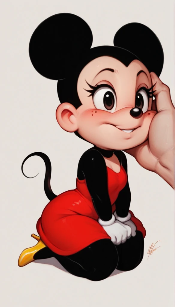 Furry, Minnie Mouse, shortstack, short stature, slightly blushed, disney cartoon, white glooves, yellow heels, red dress, spotted dress, black body, close up on face, human hand on cheek, cheek caressing, black body