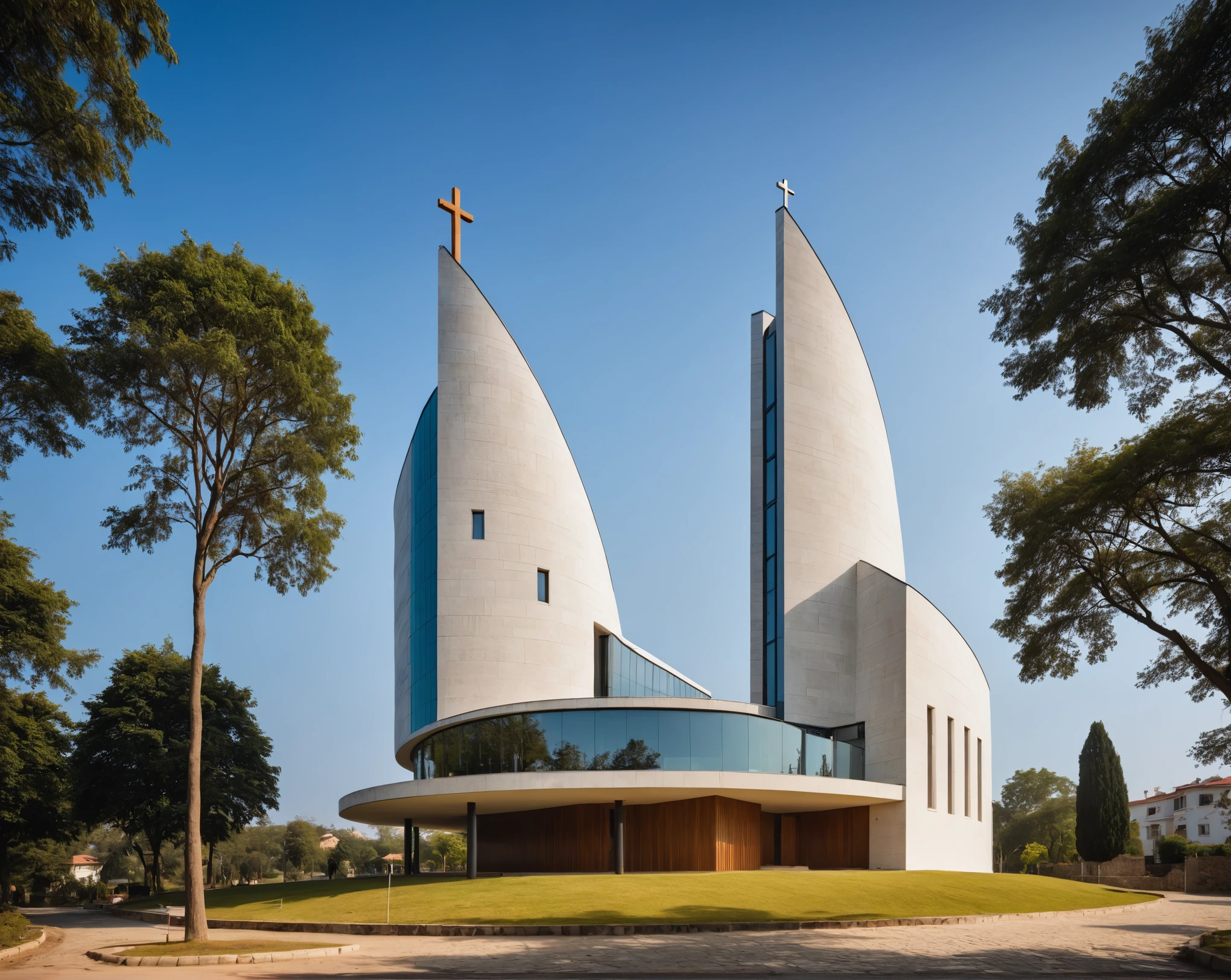 raw photo, best quality, ultra realistic, masterpiece, best quality skin, photography hd, dslr,
tcs, httlvn, modern church, road, people, house, facade design, outdoors, church, cross on top, building, scenery, curved shape building,
day light, sunshine,
View from a tree, dof view,
