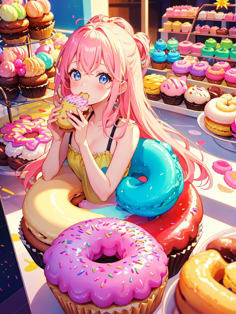 high resolution、A cute girl、Macaroons and cupcakes、Eating a lot of sweets such as donuts。Anyway, it has a pop, colorful and cute atmosphere.!