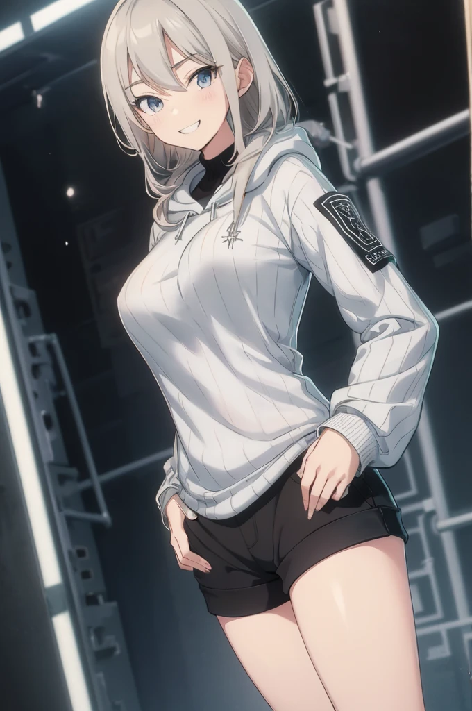 Concept Art, white Background, simple Background, White hair, Silver gradient hair , Composite cloth, Virtual YouTuber, best quality, masterpiece, Dynamic Angle, , cowboy_shooting, Watching_Back, grab, girl,Miss,woman, young,20 years old, , Hair Flip, Silver Hair, Flowing hair, Ahog, giggle, Beautiful and delicate golden eyes, teeth, Large Breasts, Blonde eyes, White skin, hoodie, Black_shorts, Gray clothes, transparent_Background, Backlighting, absurd, high resolution, Extremely detailed,sweater,Smile,cowboy裤