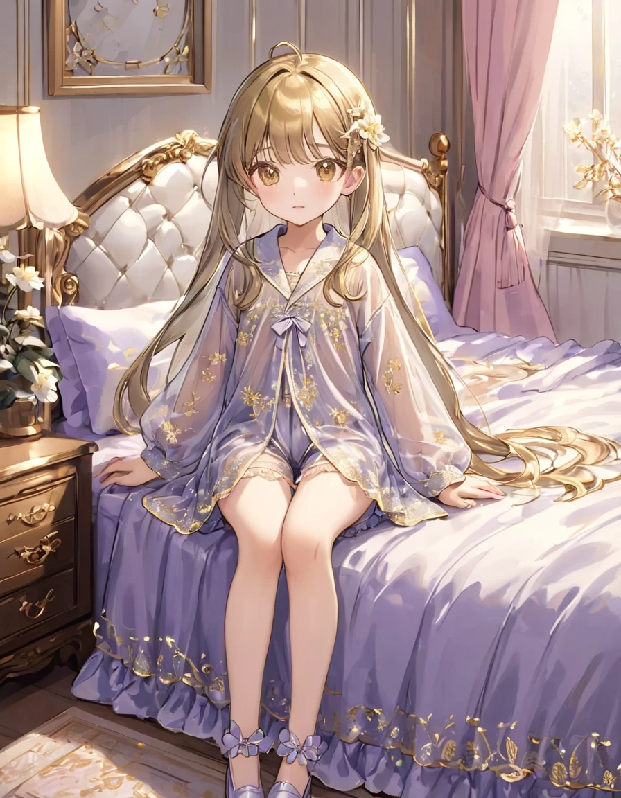 , 1people、Pajamas、Gold and silver thread embroidery、Wearing semi-transparent bloomers that reach down to the knees、Translucent slip