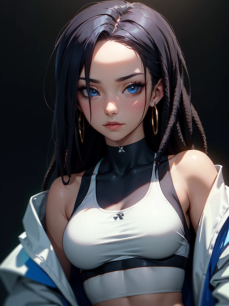 ((Portrait Photo)), She has an Athletic and Slender Appearance, with a Strong Build, Dark Skin and Relaxed Aura. She Expresses a Calm and Indifferent Look, Giving Off a Composed and Unfazed Attitude. She has Deep Blue Eyes, and Her Hair is Long and Black, with Dreadlocks Falling Over Her Forehead. She Wears an Open White Jacket, with a Sports Tank Top, Revealing Her Midriff. ((Portrait Photo, HDR, Dark Background))