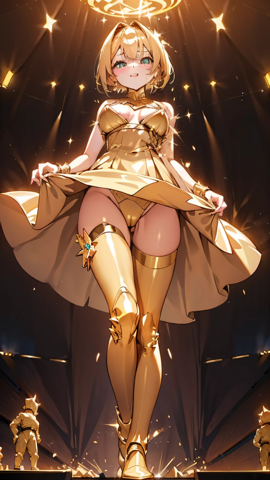 A giantess in a glittering gold dress stands on a stage, towering over the tiny audience. She strikes a pose, her curves accentuated by the tight fabric. The tiny humans stare up at her in awe as she performs, each movement causing the ground to shake.

