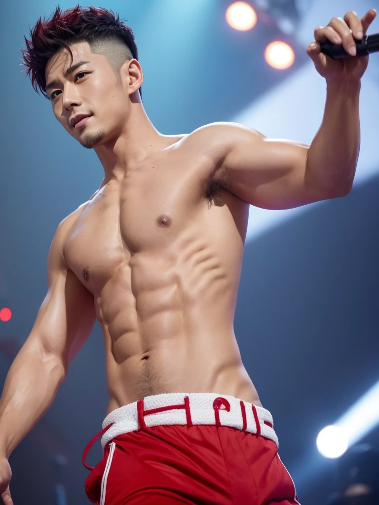 35 year old male idol, of Chinese-Japanese ethnicity, short hair shaved on the sides, with red tips, shirtless and marked abs, main vocalist and great dancer.