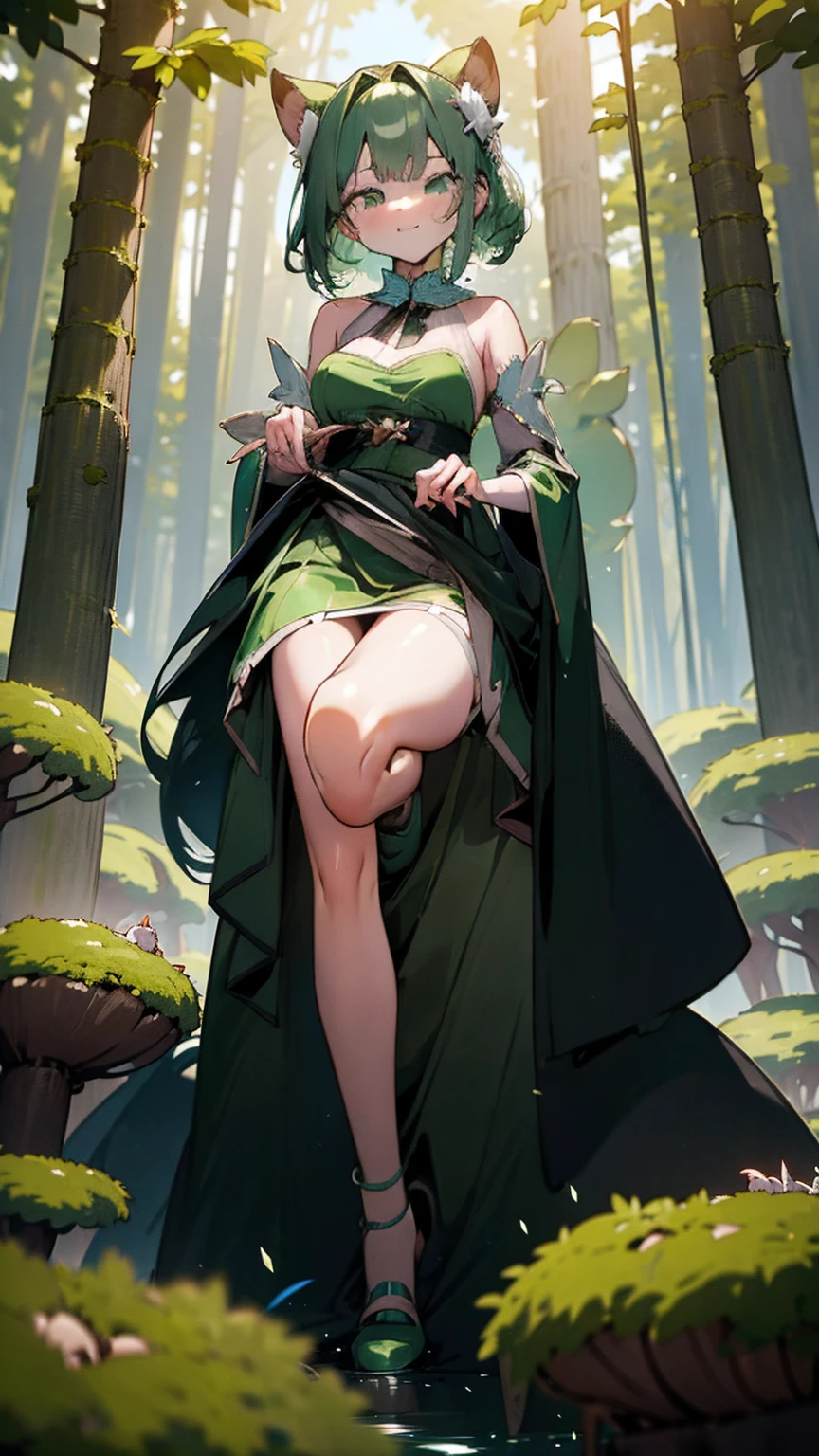 In an enchanted forest, a giantess in a flowing green dress walks among the trees. Her presence causes the animals to scatter and the tiny forest dwellers to hide. She kneels down, her massive hands gently parting the foliage to reveal the tiny beings cowering beneath.

