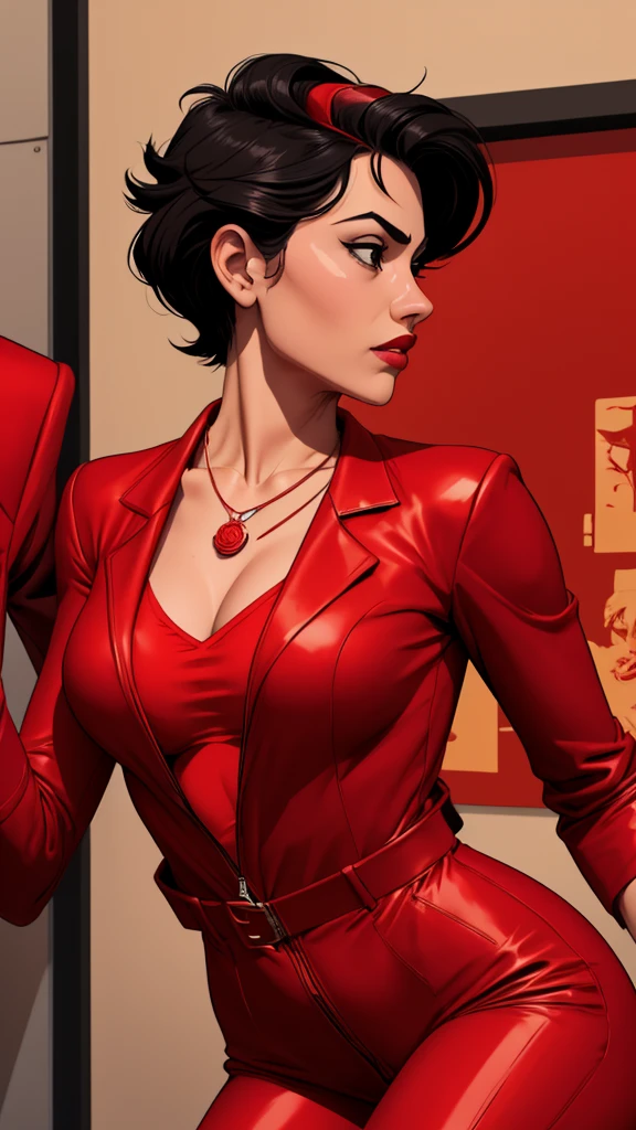 a close up of a woman in a red jacket and necklace, wearing a red outfit, inspired by Gabriel Ba, wearing red jacket, red suit, wearing a black and red suit, wearing red attire, red jacket, all red, wearing red clothes, by Gabriel Ba, wearing red, using multiple pendants, red hot, profile image, wearing a red dress, RIDE GOOD