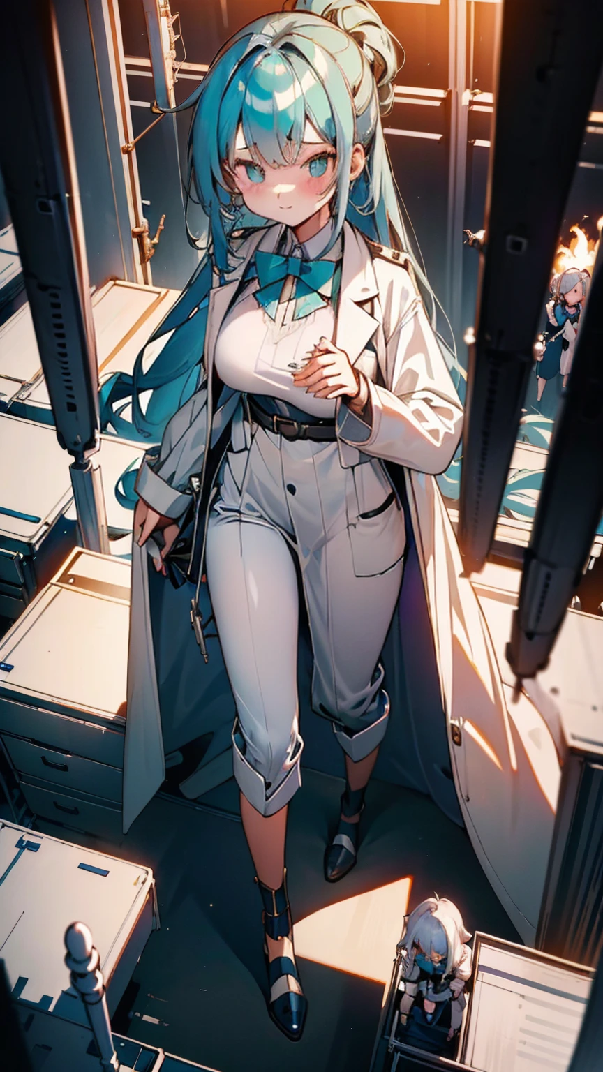 A giantess in a white lab coat towers over a tiny laboratory. Her curious gaze falls upon the miniature scientists below, who scramble to get out of her way. She leans down, her massive fingers delicately picking up a tiny test tube for closer inspection.

