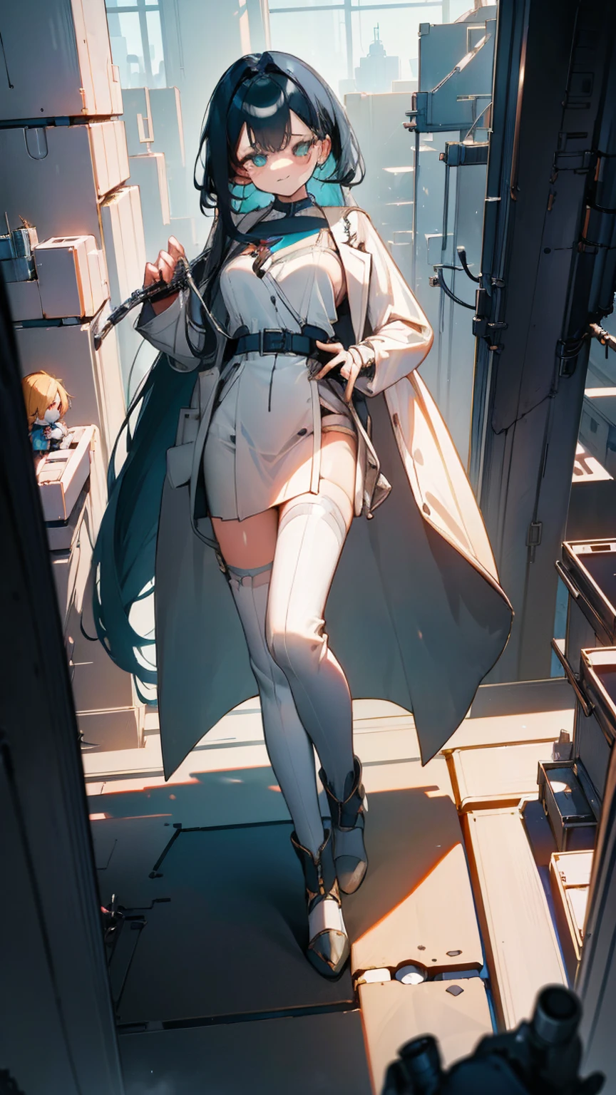 A giantess in a white lab coat towers over a tiny laboratory. Her curious gaze falls upon the miniature scientists below, who scramble to get out of her way. She leans down, her massive fingers delicately picking up a tiny test tube for closer inspection.

