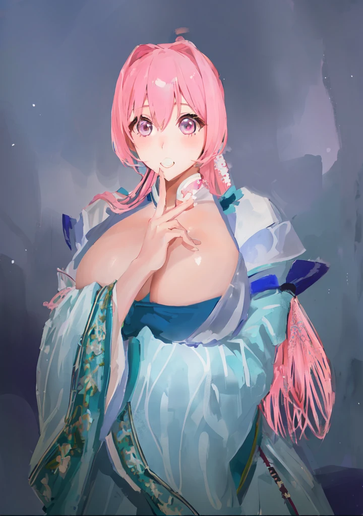 Pink Hair、Anime girl in blue dress poses for photo, Pink ponytail头发和粉色眼眸, Produced in collaboration with Anime Painter Studio, In the anime painter studio, , Sonison,超级Sonison,Celluloid,Three Kingdoms,Chinese style,antiquity,Hanfu,,Huge Breasts,Good shape,Pink ponytail,Pink long hair,Costume,包不住的Huge Breasts,Cute girl,Noble