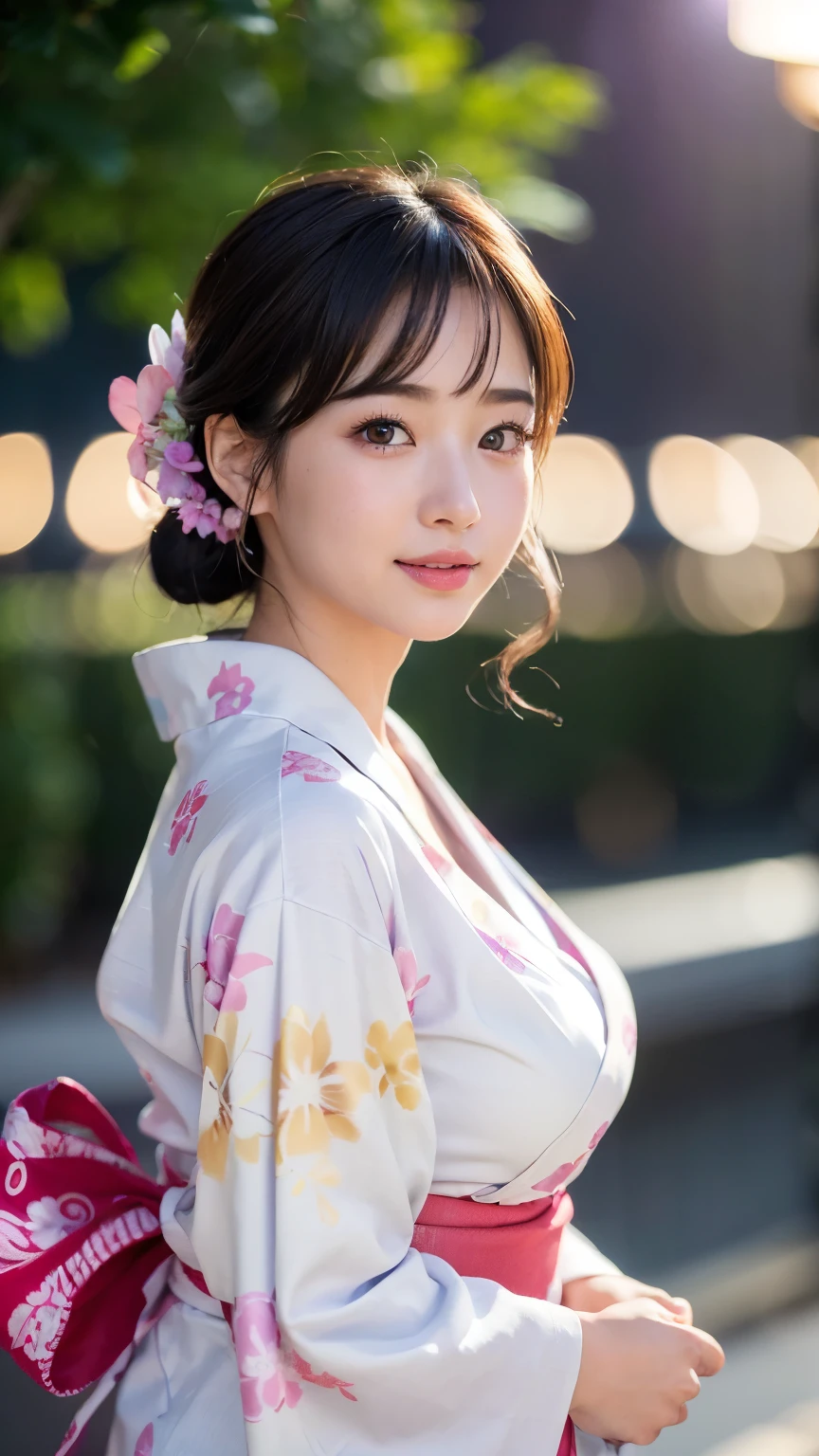 (logo、masterpiece、8K、Tabletop、RAW Photos、wonderful、最high quality、フォトリアリスティックでVery detailedな CG 複合 8K 壁紙、high quality、Very detailed、Narrative poem、Particle Effects、Dynamic Effects、Depth of the Boundary、Cinematic Light、Lens flare、Ray Tracing)、 (One beautiful woman wearing a yukata、White yukata、Light purple pattern)、Black-haired、High definition skin、Very fine、Fine skin texture、Beautiful Face、True Face、Beautiful details in the eyes、Realistic eyes、Beautifully detailed eyes、Realistic Skin、Beautiful Skin、Surreal、Smiling Eyes、Hair and light eyes、vivid、Colorful lights and bokeh、plump lower lip、Pink Lips、Hair flutters in Wind、Hair bounces、wonderful景色、night、evening、Wind、moonlight、moonlight、light