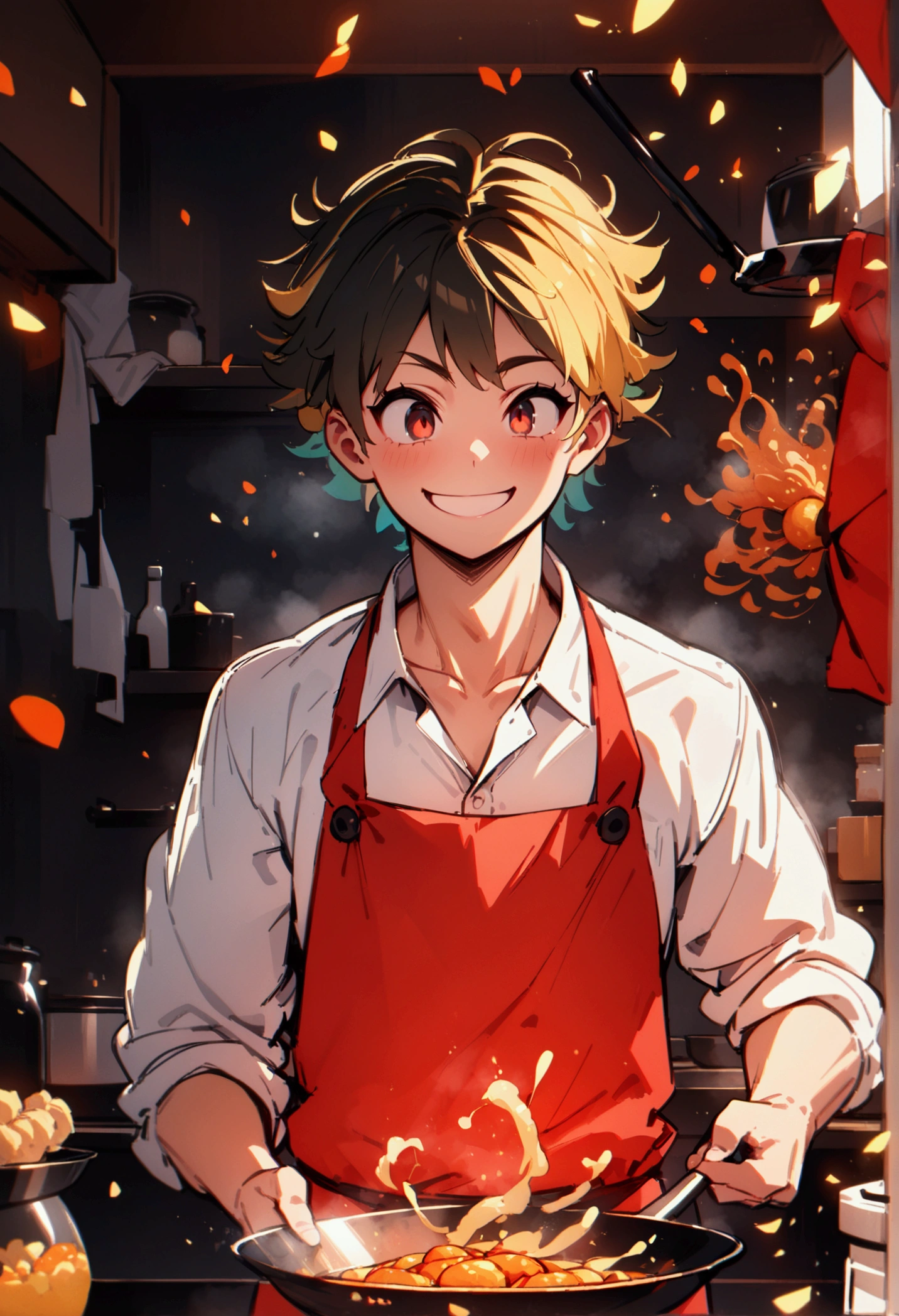 best quality, masterpiece, 8K, HD, man with blond hair, wearing white shirt and red apron, dramatically frying food using a giant steel wok, in fully stocked kitchen, dramatic pose, magical effects, cheeky smile, vibrant colors, highly detailed