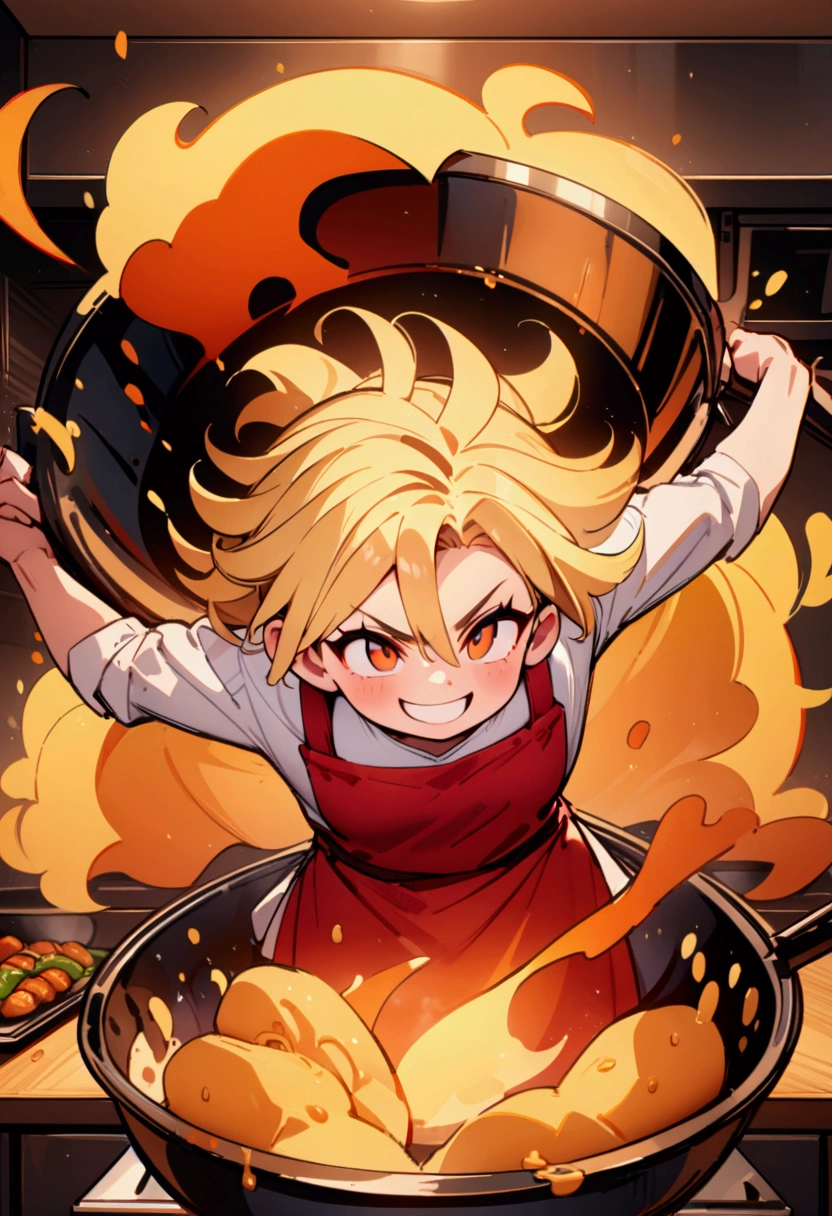 best quality, masterpiece, 8K, HD, man with blond hair, wearing white shirt and red apron, dramatically frying food using a giant steel wok, in fully stocked kitchen, dramatic pose, magical effects, cheeky smile, vibrant colors, highly detailed