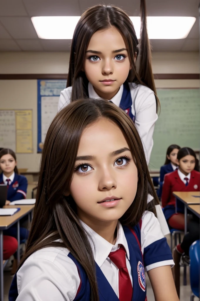 Screenshot of my hero academia, brown hair girl, Red eyes,Natural makeup,UA uniform and background have a UA school class